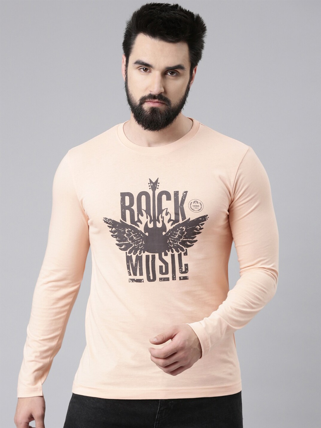 

ChennisTypography Printed Pure Cotton Slim Fit T-shirt, Peach