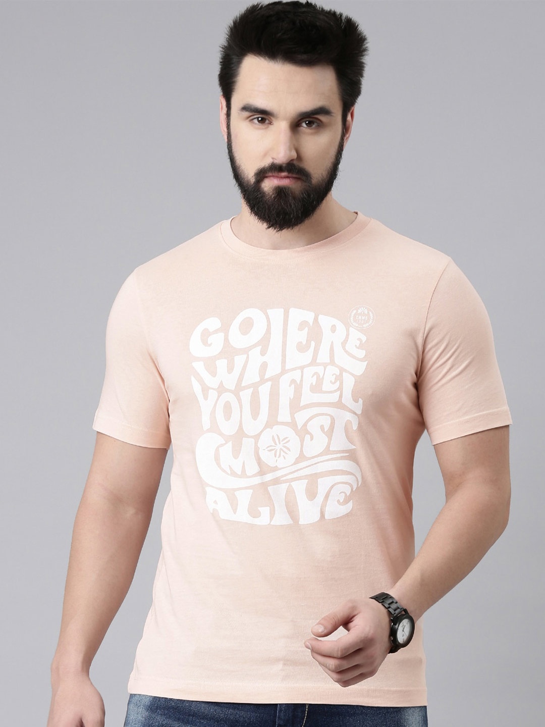 Chennis Typography Printed Pure Cotton Slim Fit T-shirt, Pink