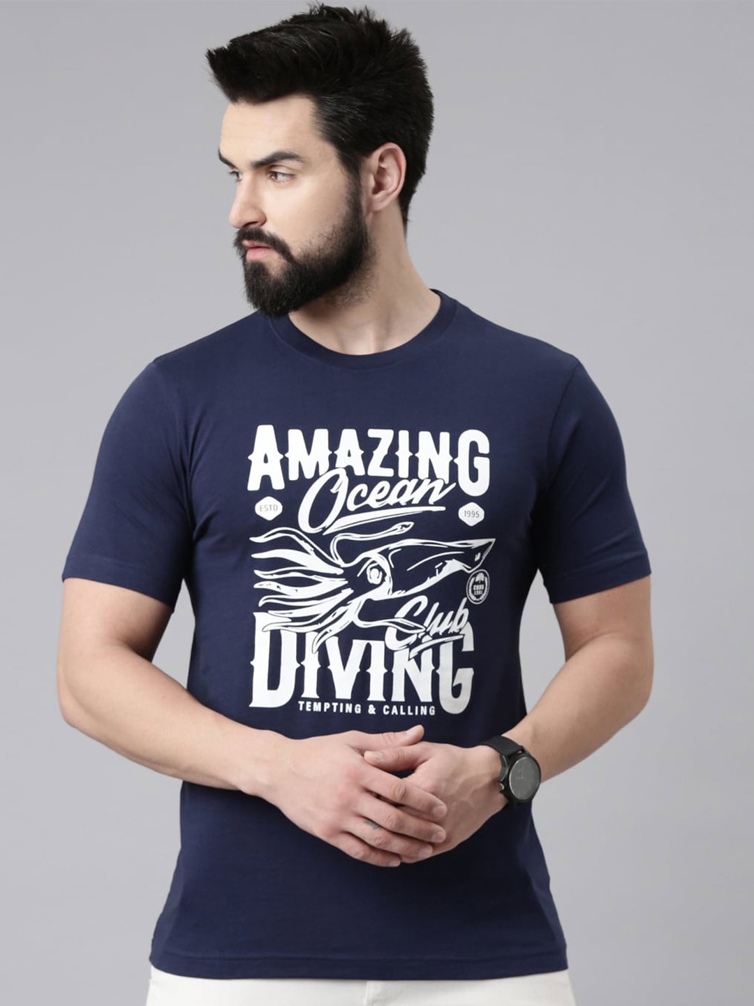 

Chennis Typography Printed Pure Cotton Slim Fit T-shirt, Navy blue