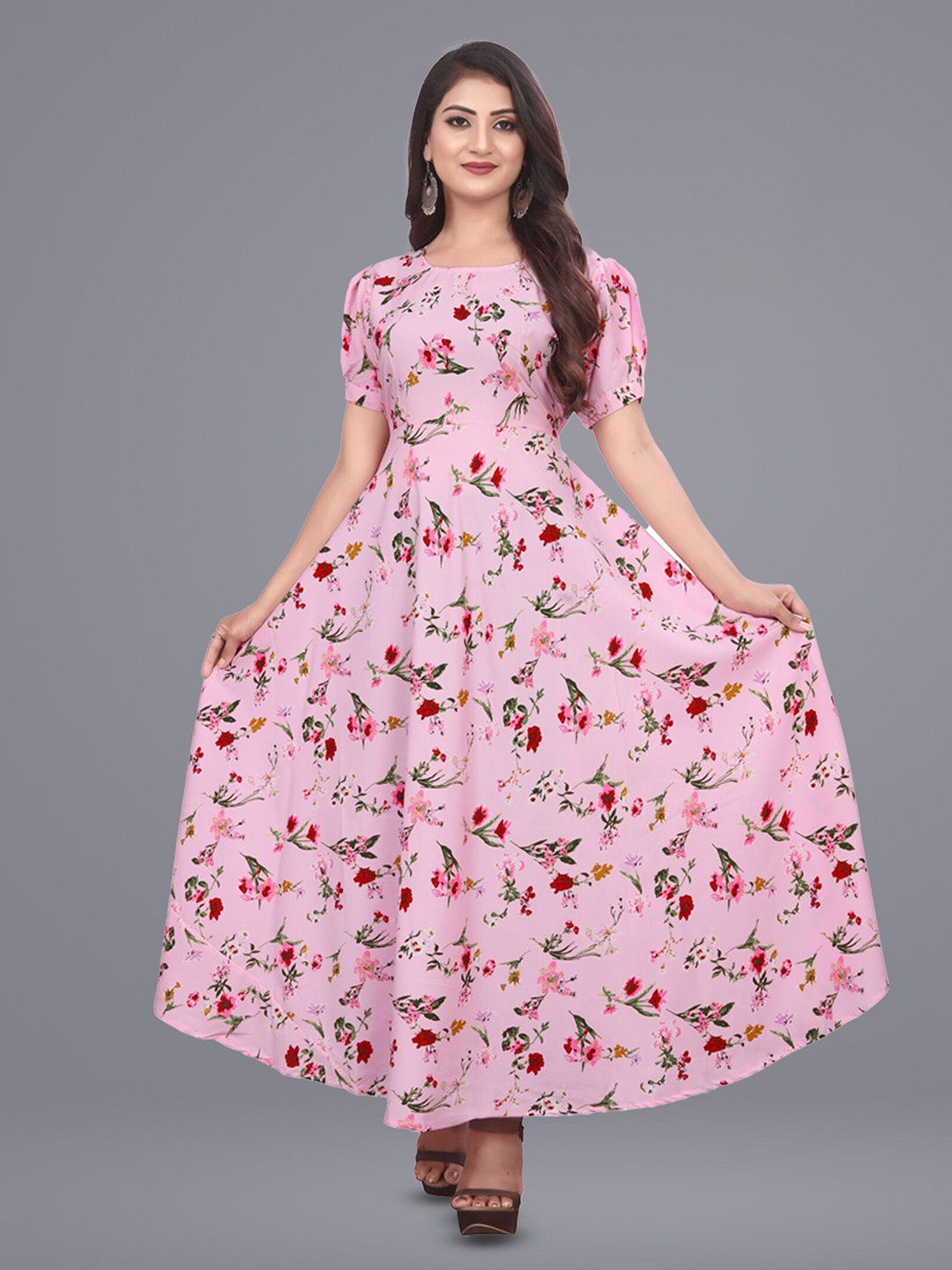 

N N ENTERPRISE Floral Printed Puff Sleeve Fit & Flare Maxi Dress, Pink