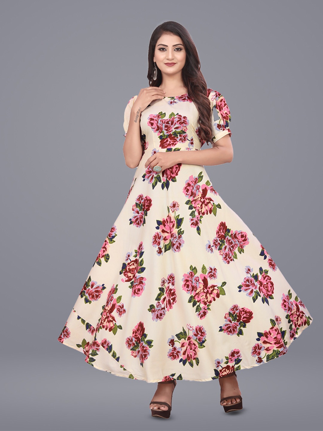 

N N ENTERPRISE Floral Printed Puff Sleeves Fit and Flare Dress, Cream