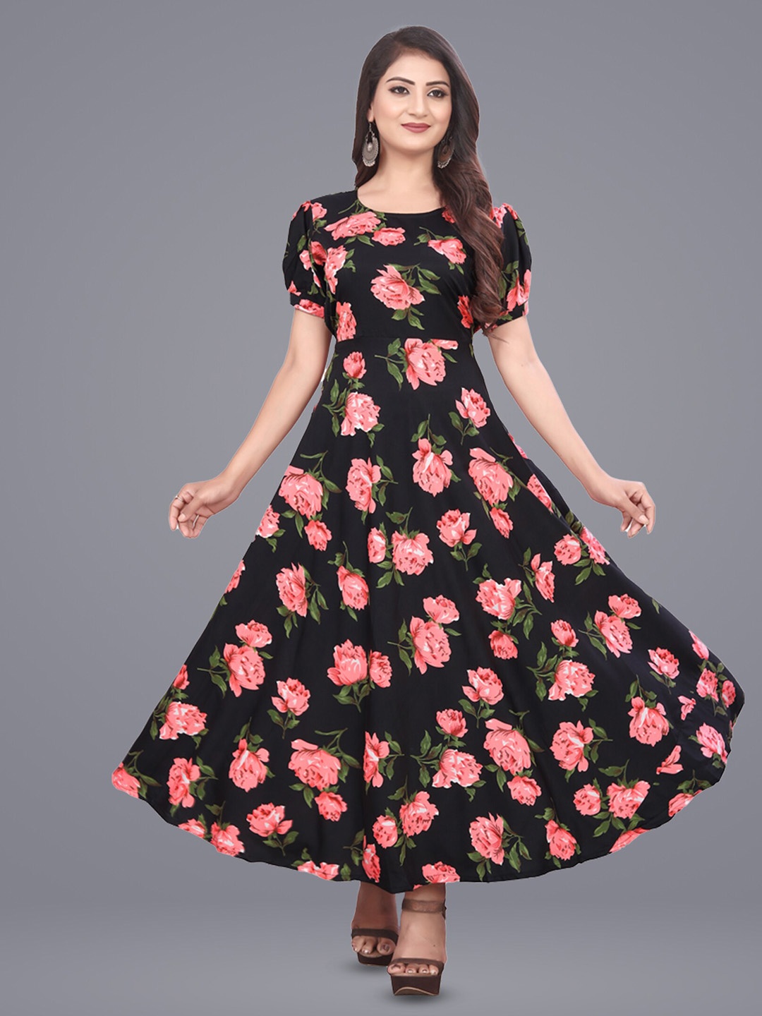 

N N ENTERPRISE Floral Printed Puff Sleeve Fit & Flare Maxi Dress, Black