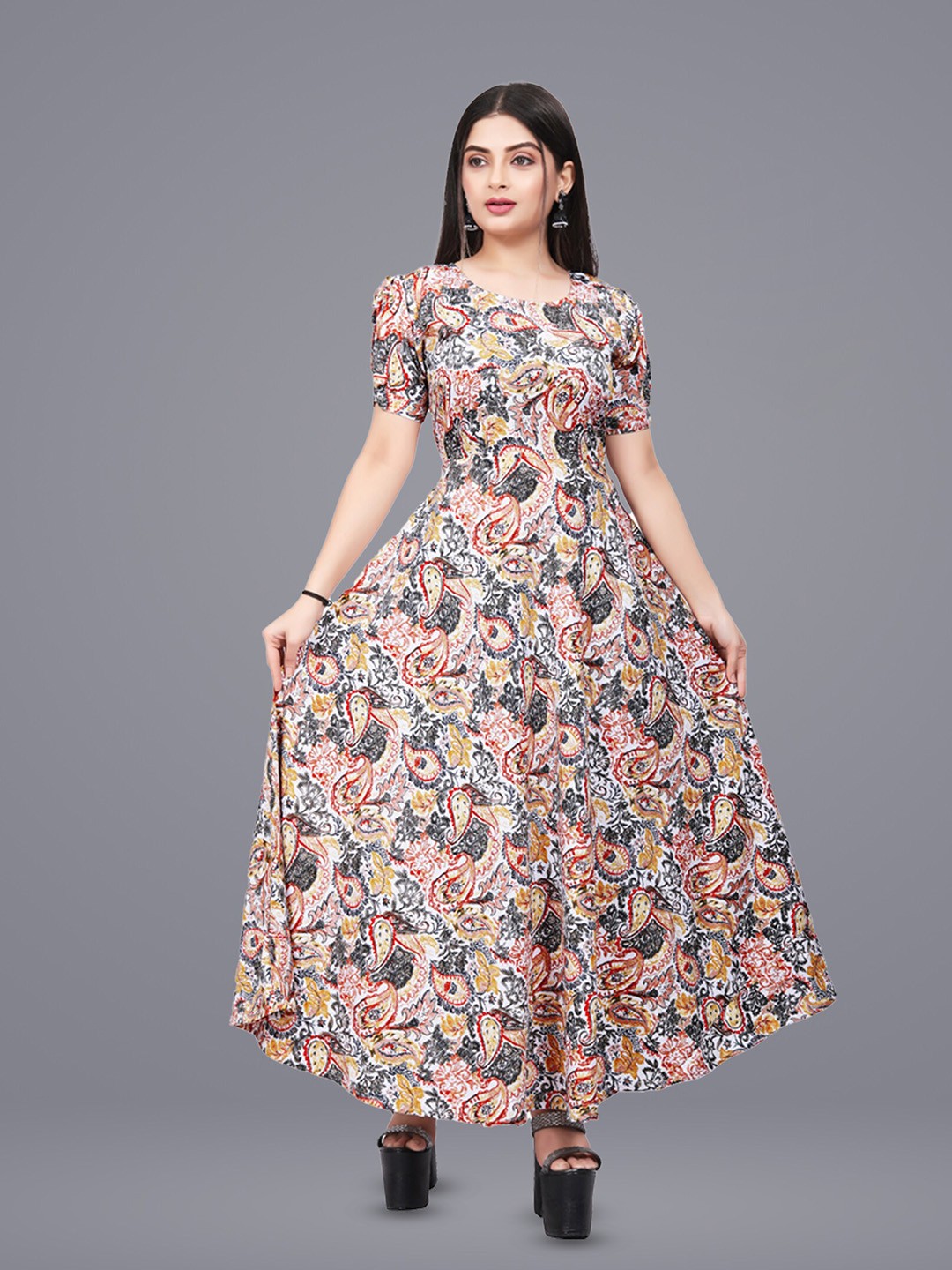 

N N ENTERPRISE Floral Printed Puff Sleeves Fit and Flare Dress, White
