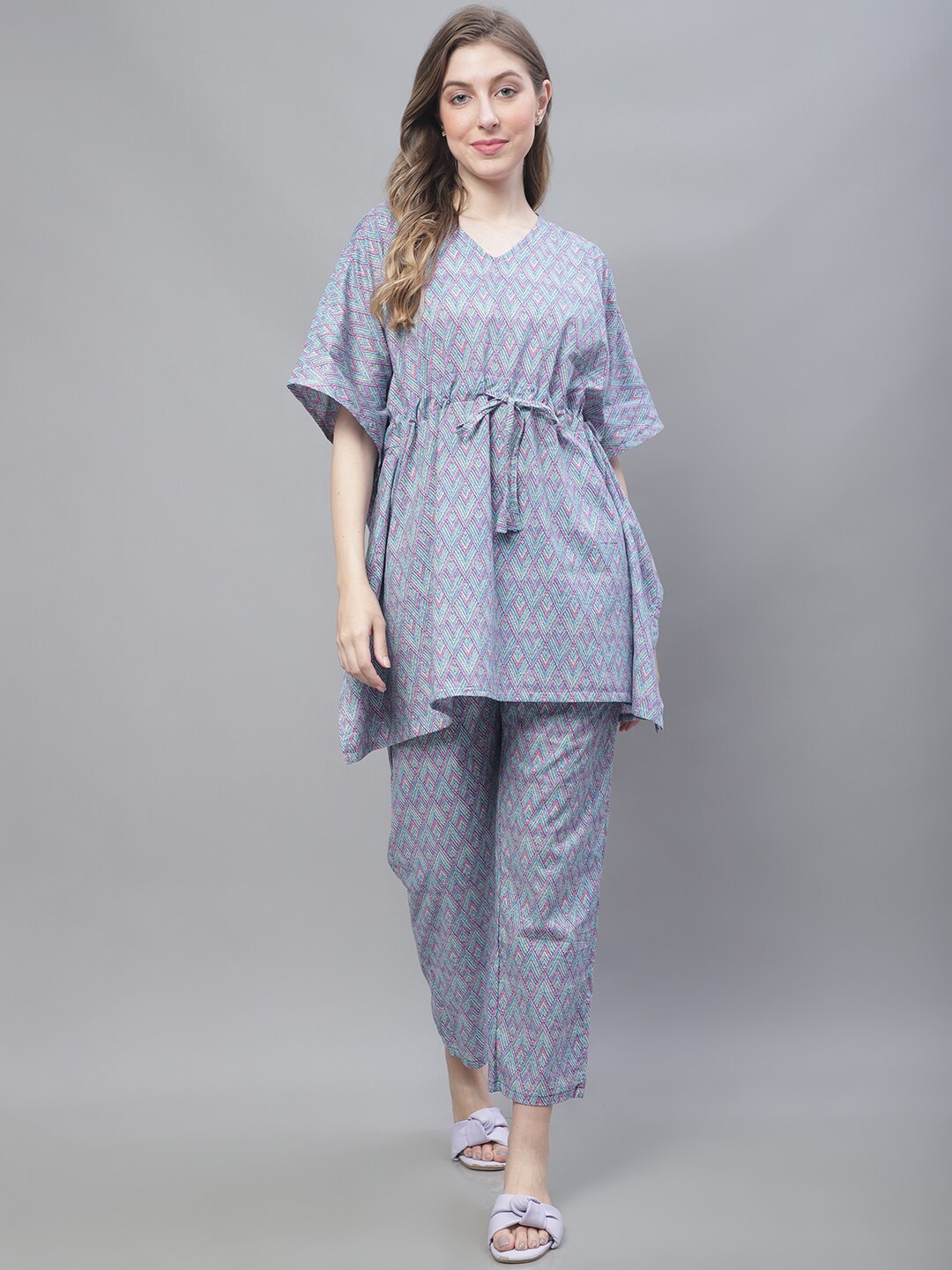 

TAG 7 Geometric Printed Pure Cotton Kaftan Night Suit, Blue