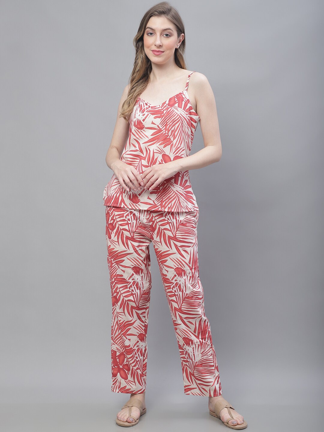 

TAG 7 3 Piece Tropical Printed Pure Cotton Night Suit With Shrug, Red