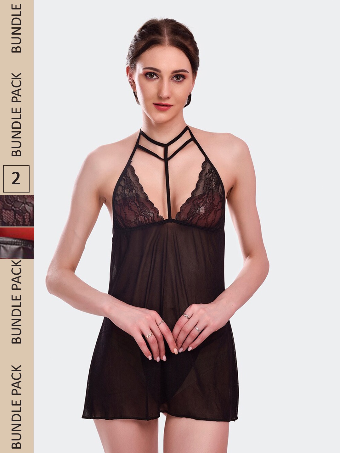 

Fleurt Pack Of 2 Halter Neck Baby Doll, Black