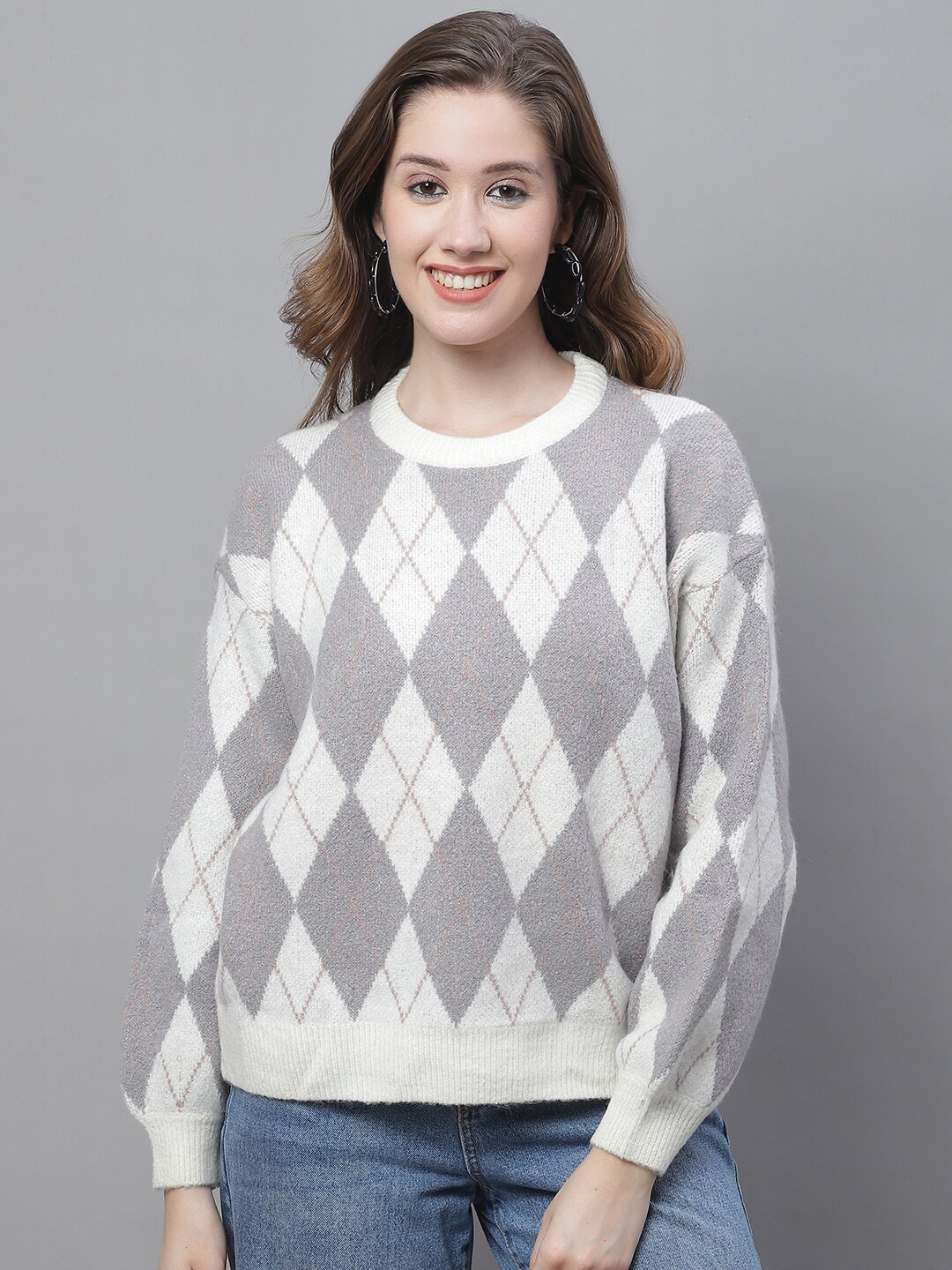

NoBarr Geometric Self Design Pullover, Grey