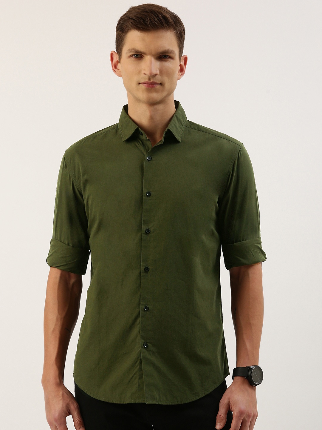 

IVOC Men Slim Fit Opaque Casual Shirt, Olive