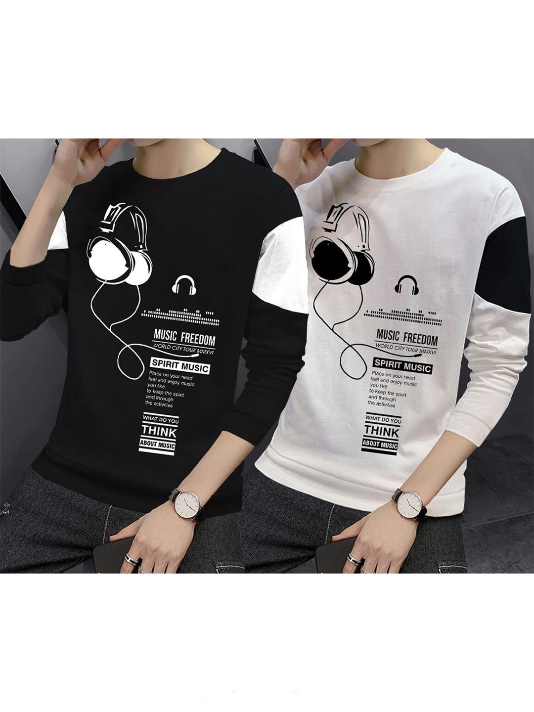 

BLIVE Pack Of 2 Graphic Printed Round Neck Cotton T-shirts, White