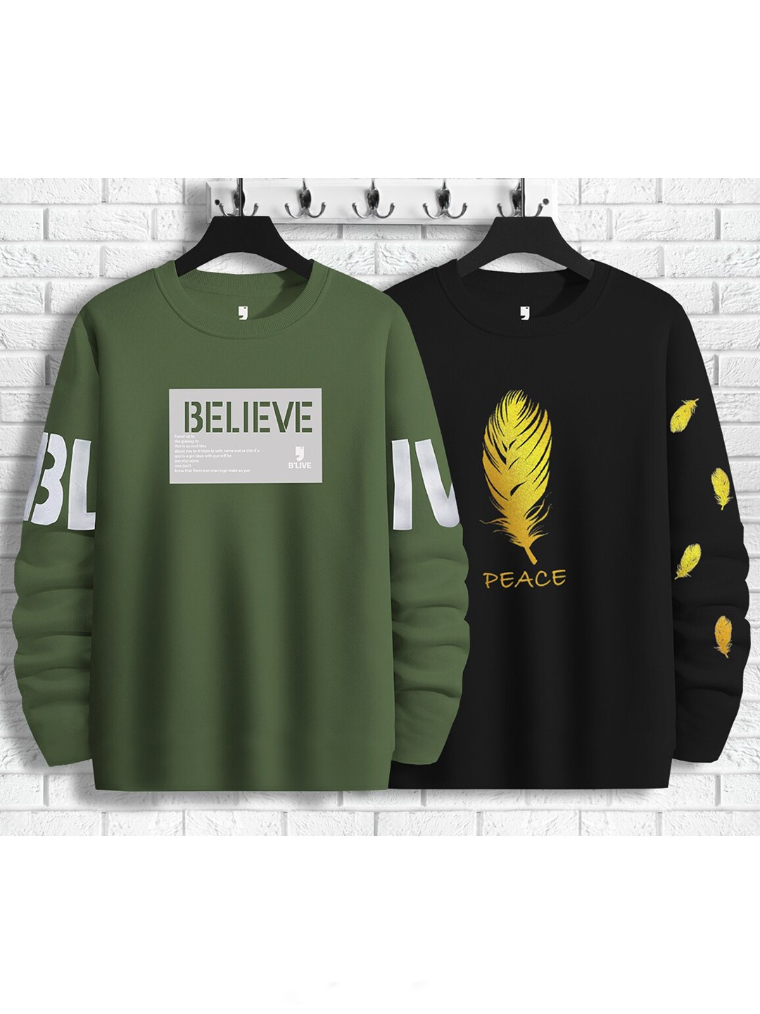 

BLIVE Pack Of 2 Typography Printed Round Neck Cotton T-shirts, Olive