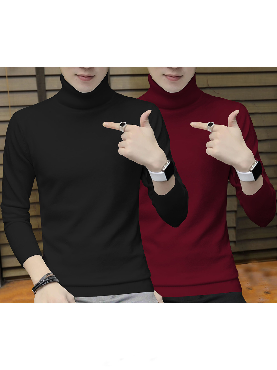 

BLIVE Pack Of 2 High Neck Cotton T-shirts, Maroon