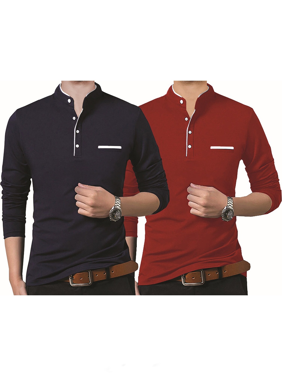 

BLIVE Pack Of 2 Mandarin Collar Cotton T-shirts, Red