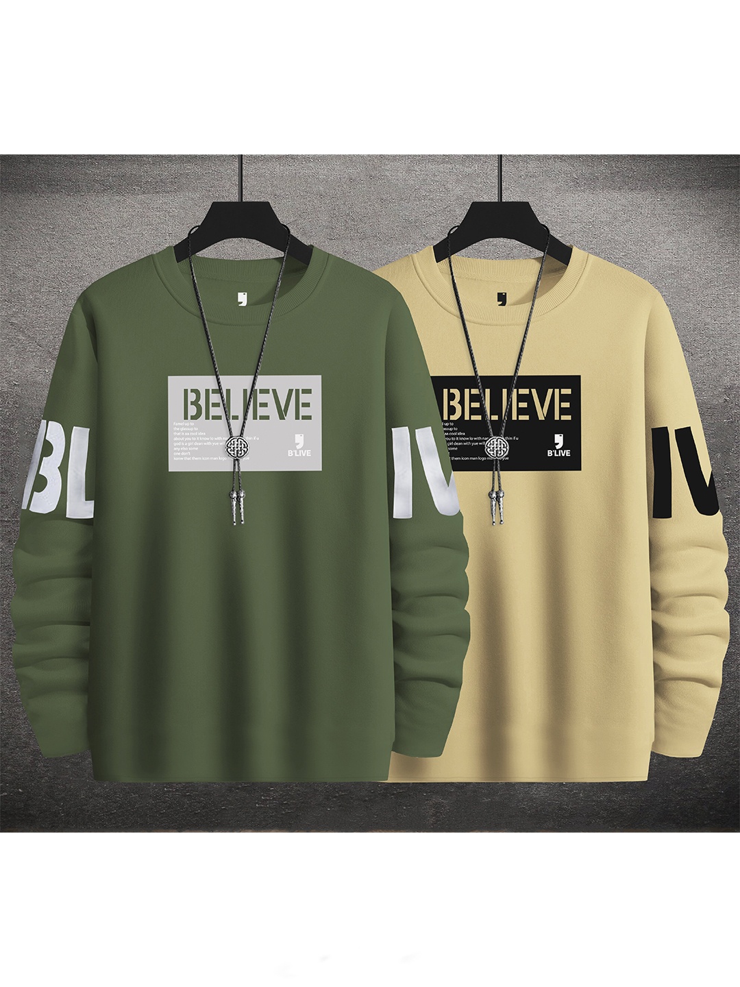 

BLIVE Pack Of 2 Typography Printed Round Neck Cotton T-shirts, Beige