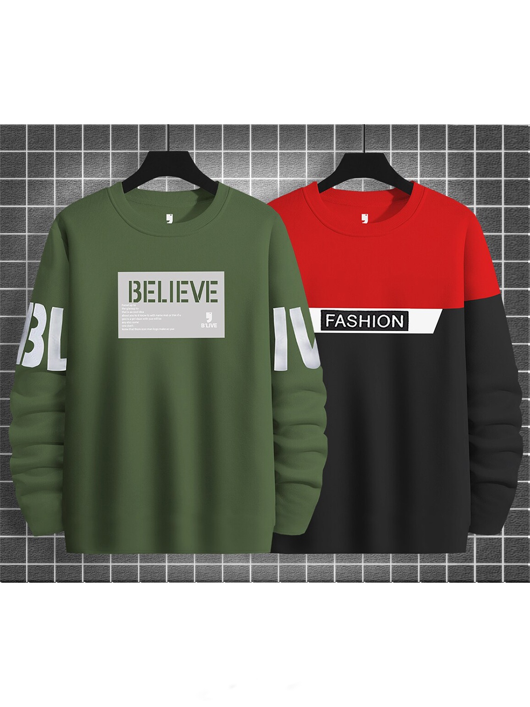 

BLIVE Pack Of 2 Typography Printed Round Neck Cotton T-shirts, Olive