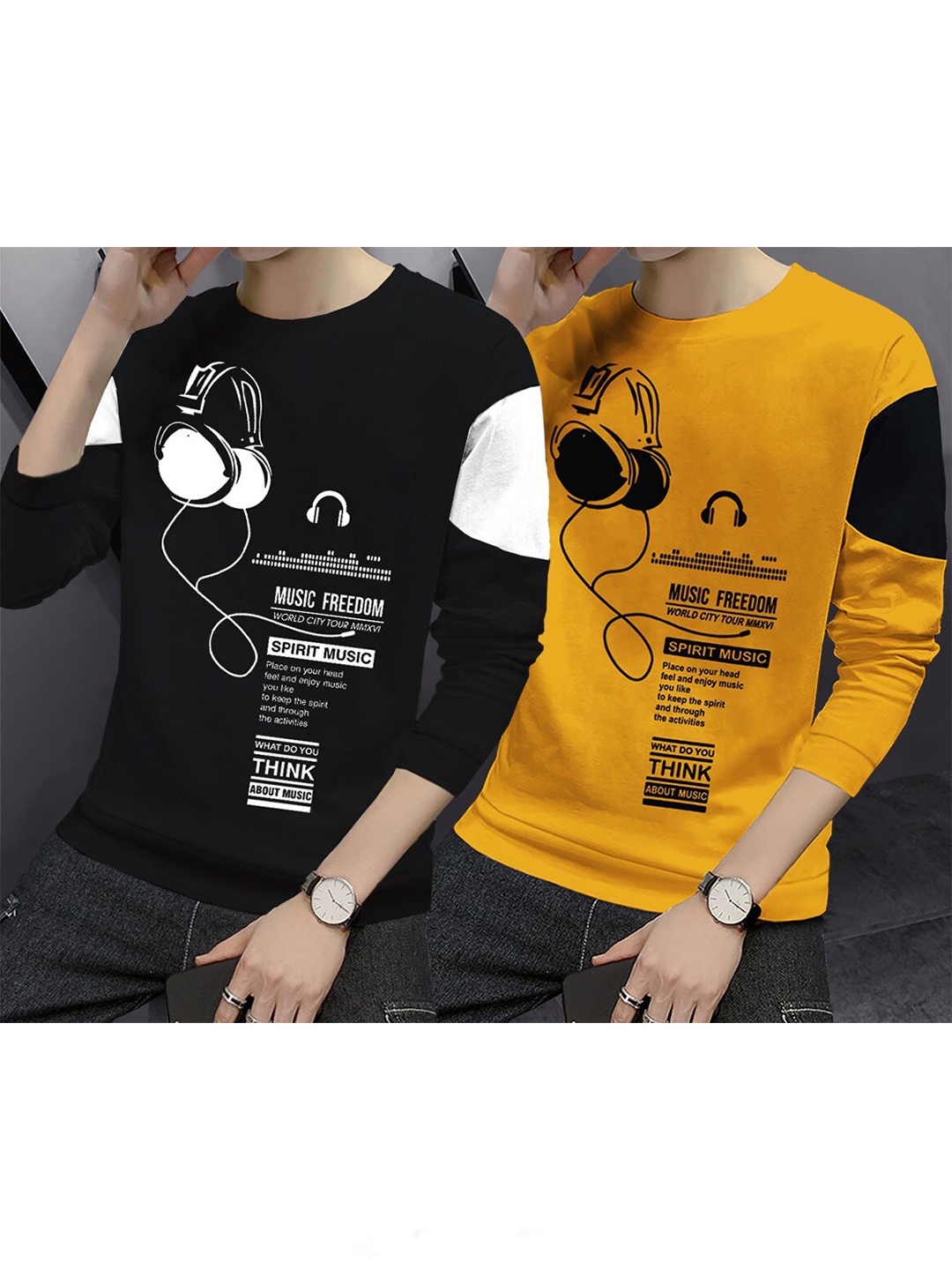 

BLIVE Pack Of 2 Graphic Printed Round Neck Cotton T-shirts, Black