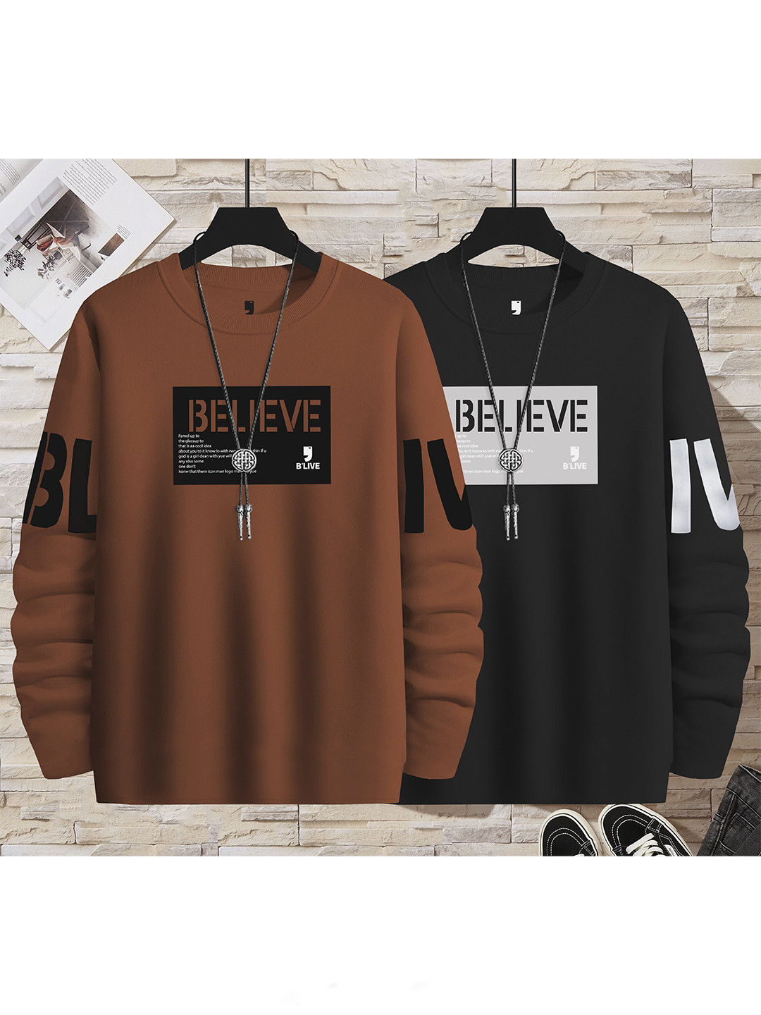 

BLIVE Pack Of 2 Typography Printed Round Neck Cotton T-shirts, Brown