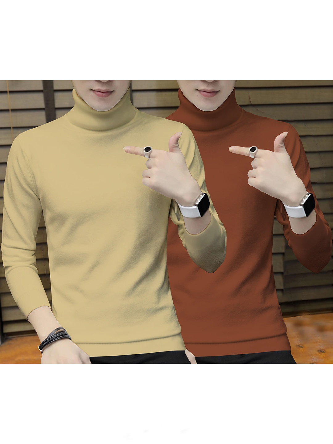 

BLIVE Pack Of 2 High Neck Cotton T-Shirts, Brown