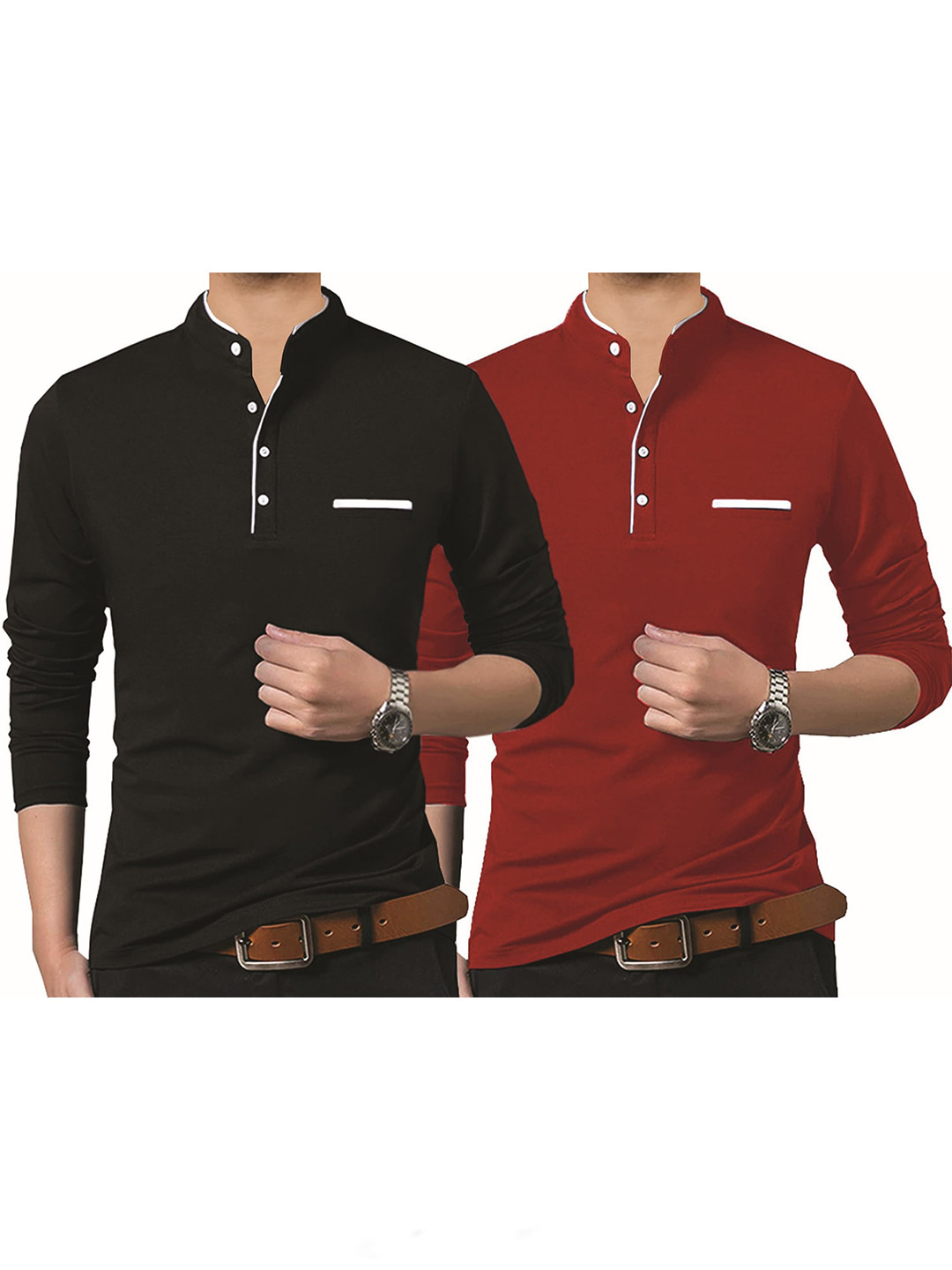 

BLIVE Pack Of 2 Mandarin Collar Cotton T-Shirts, Black