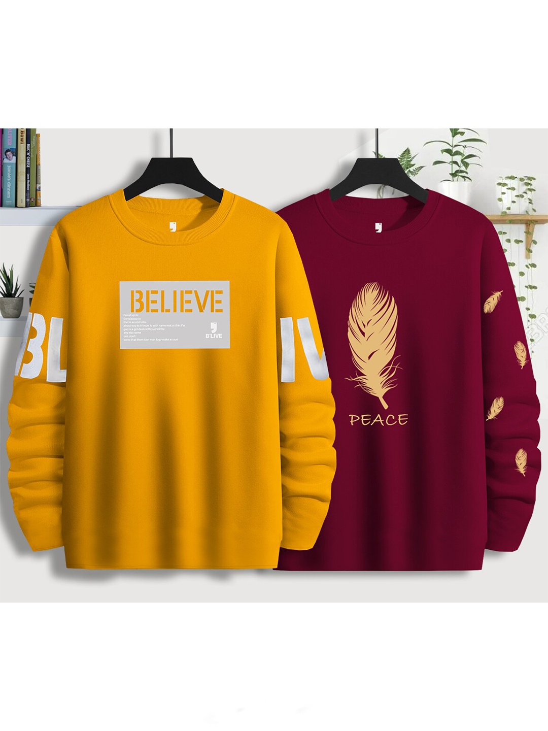 

BLIVE Pack Of 2 Typography Printed Cotton T-shirt, Mustard