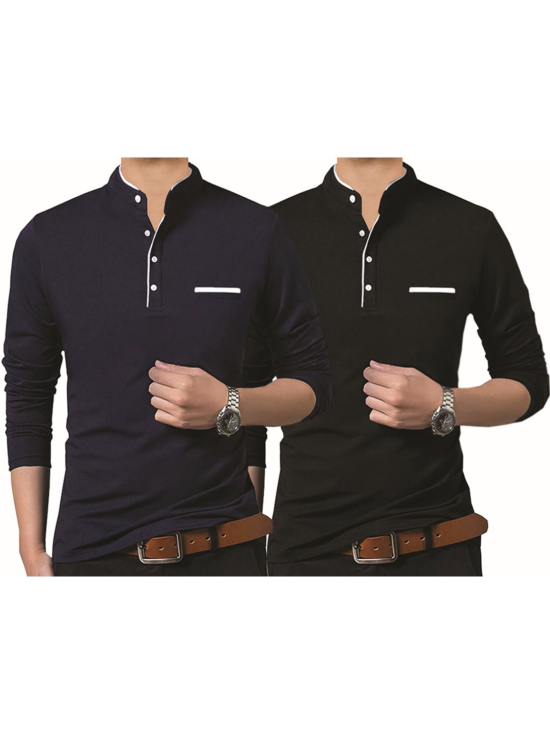 

BLIVE Pack Of 2 Long Sleeves Band Collar Cotton T-shirt, Navy blue