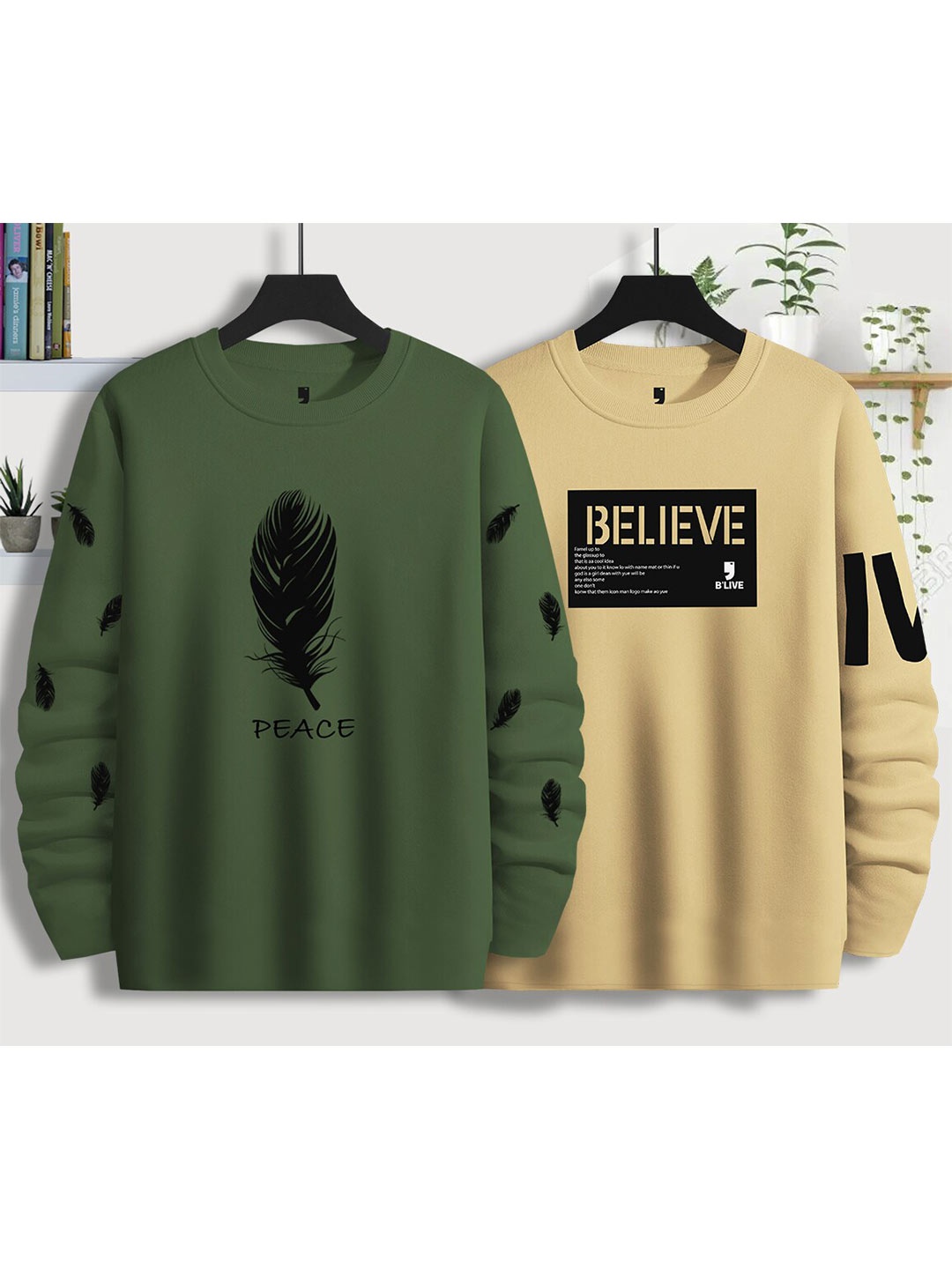 

BLIVE Pack Of 2 Typography Printed Round Neck Cotton T-shirt, Beige