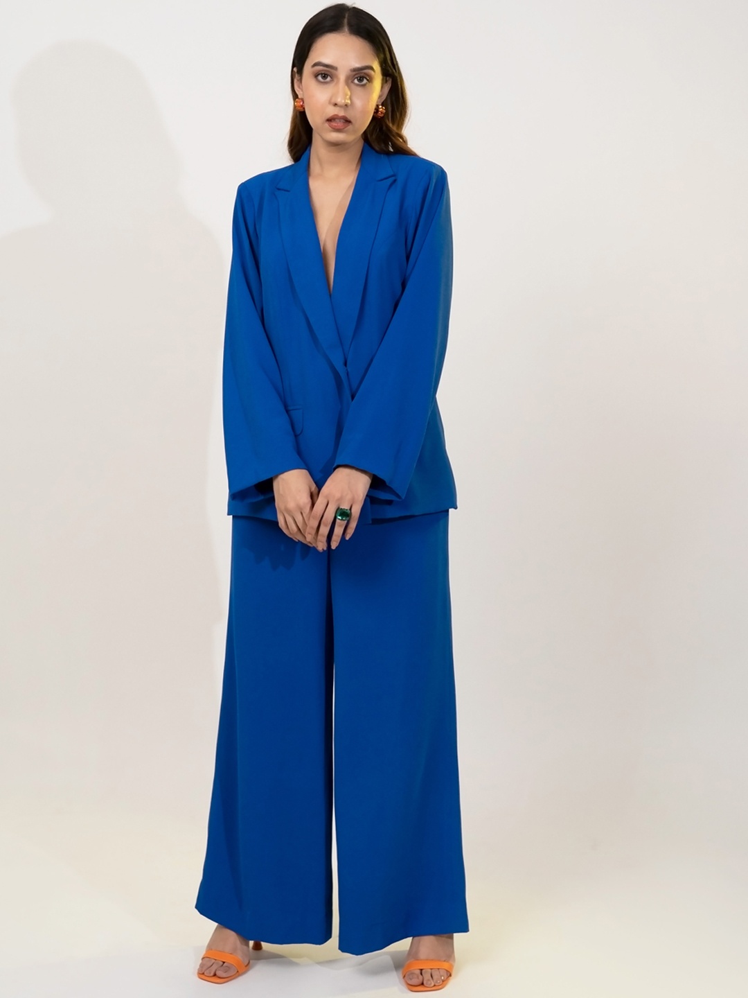 

POPPI Lapel Collar Neck Blazer With Flared Palazzos, Blue
