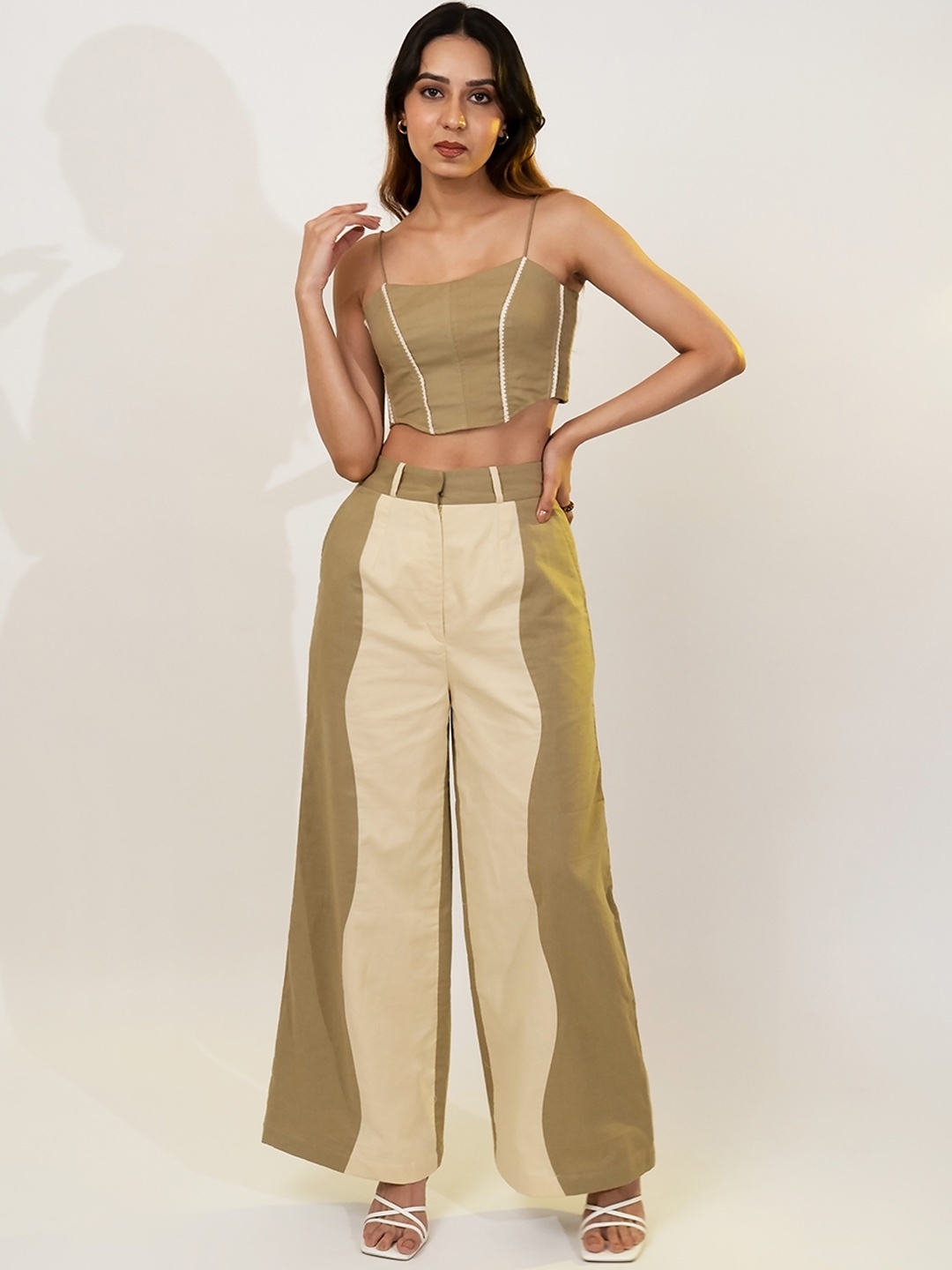 

POPPI Color-Blocked Linen Laced Crop Top With Flared Trouser, Beige