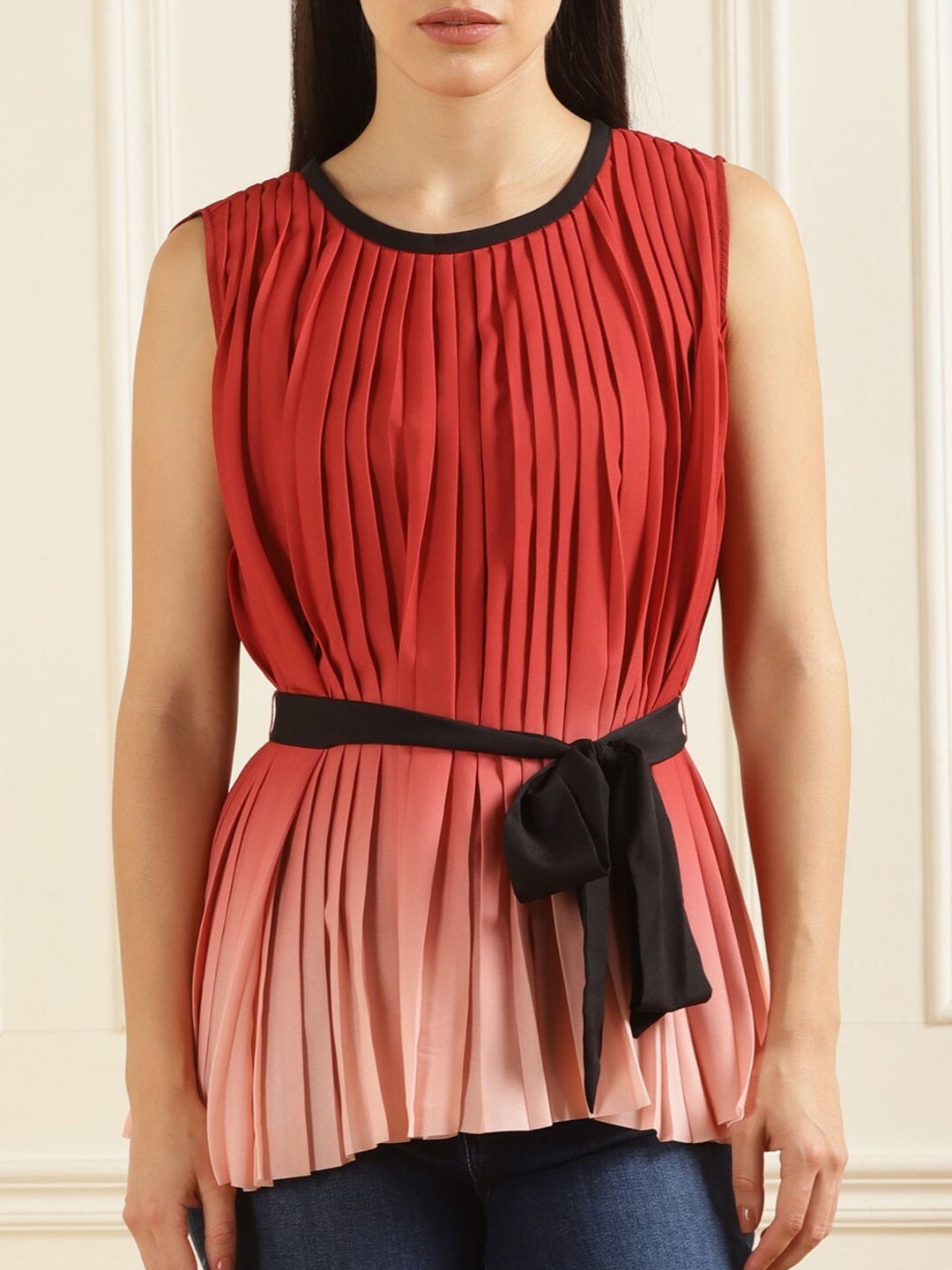 

Karl Lagerfeld Ombre Sleeveless Pleated Waist Tie-Up Top, Red