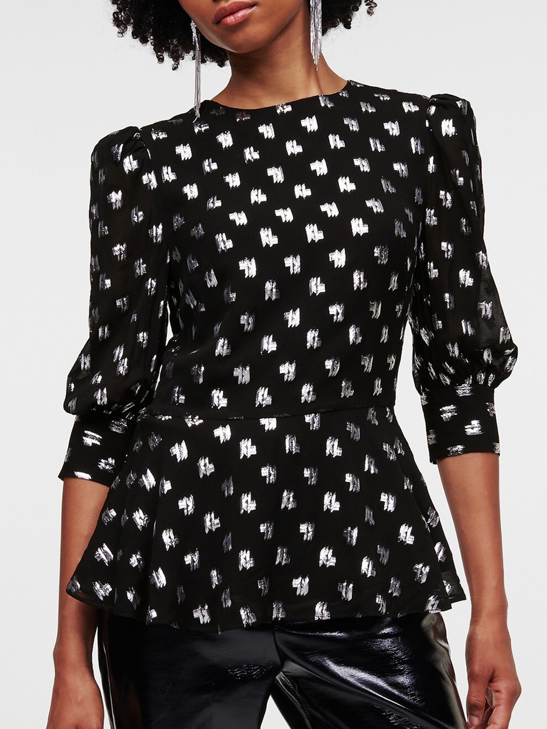 

Karl Lagerfeld Conversational Printed Puffed Sleeves Top, Black