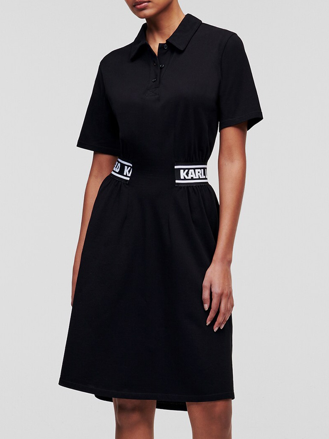 

Karl Lagerfeld Typography Printed Shirt Collar Organic Cotton Shirt Dress, Black