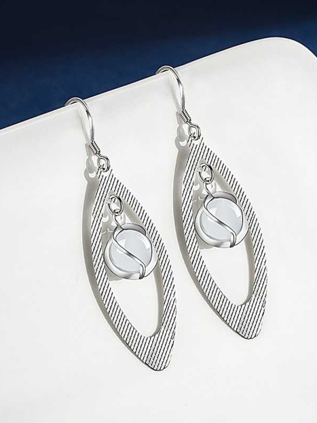 

MYKI Silver-Plated Leaf Shaped Pearl Studded Drop Earrings