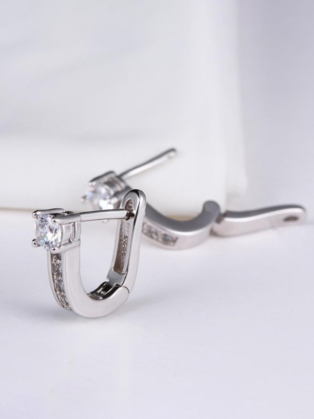 

MYKI Silver-Plated Cubic Zirconia Studded Contemporary Half Hoop Earrings