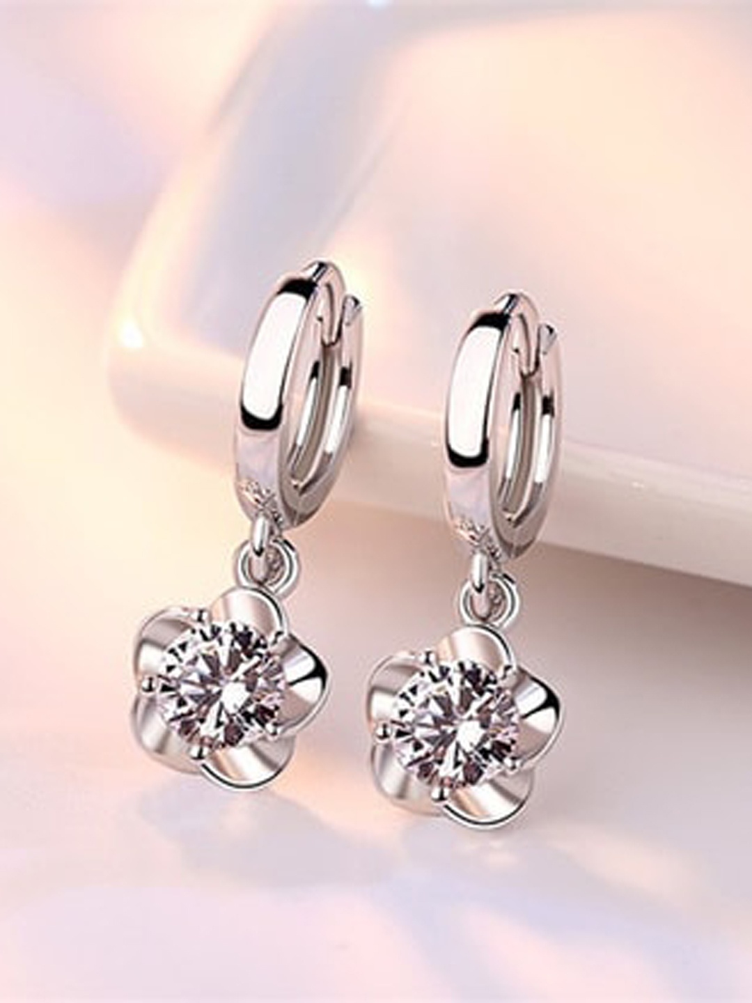 

MYKI Silver-Plated Cubic Zirconia Studded Floral Drop Earrings