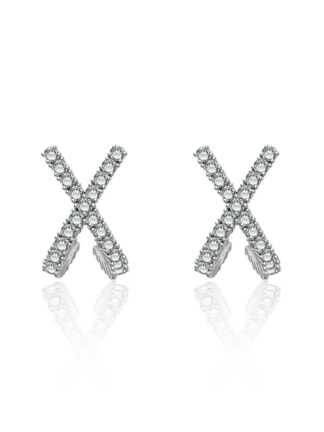 

MYKI Silver-Plated Geometric CZ Stone Studded Studs Earrings