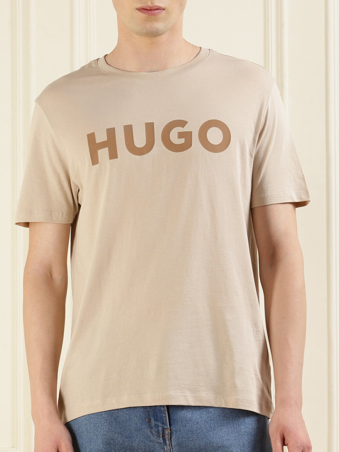 

HUGO Typography Printed Cotton T-shirt, Beige