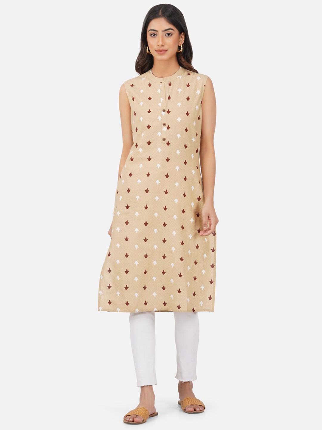 

METRO-FASHION Ethnic Motifs Printed Mandarin Collar A-Line Pure Cotton Kurta, Brown