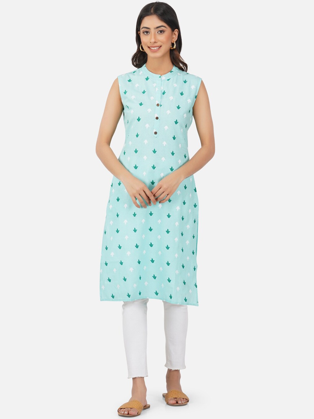 

METRO-FASHION Ethnic Motifs Printed Mandarin Collar A-Line Pure Cotton Kurta, Turquoise blue