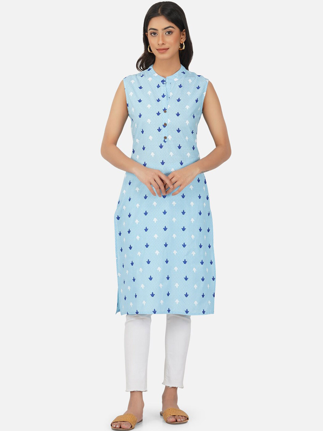 

METRO-FASHION Ethnic Motif Printed Mandarin Collar Pure Cotton Kurta, Blue
