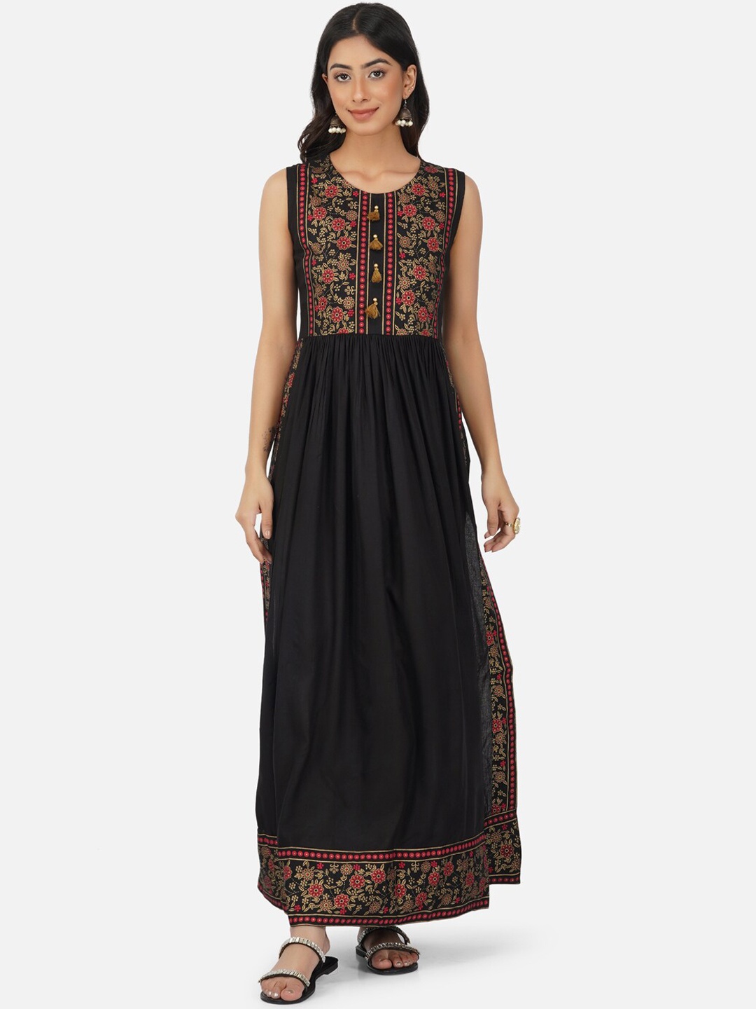 

METRO-FASHION Floral Yoke Design Sleeveless A-line Kurta, Black