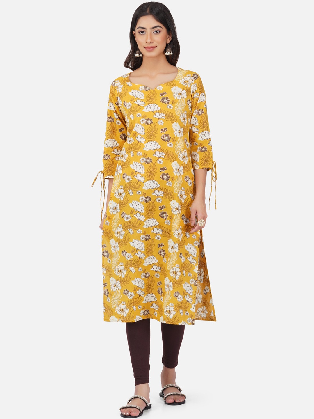 

METRO-FASHION Floral Printed Pure Cotton Kurta, Mustard