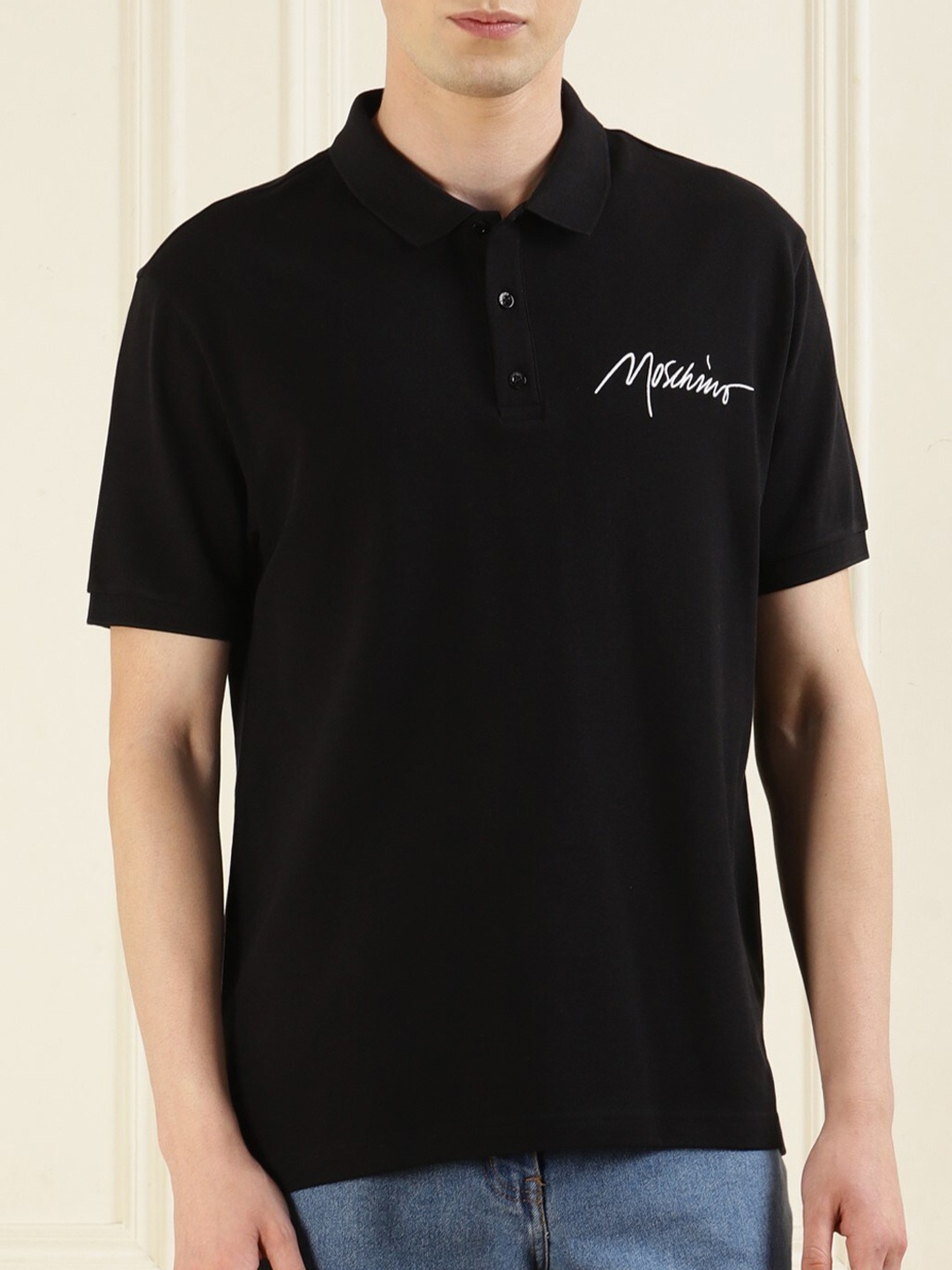 

MOSCHINO COUTURE Polo Collar Short Sleeves Cotton Casual T-Shirt, Black