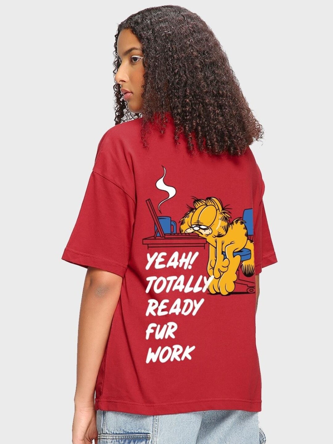 

Bewakoof Red Garfield Printed Cotton Oversized Fit T-shirt