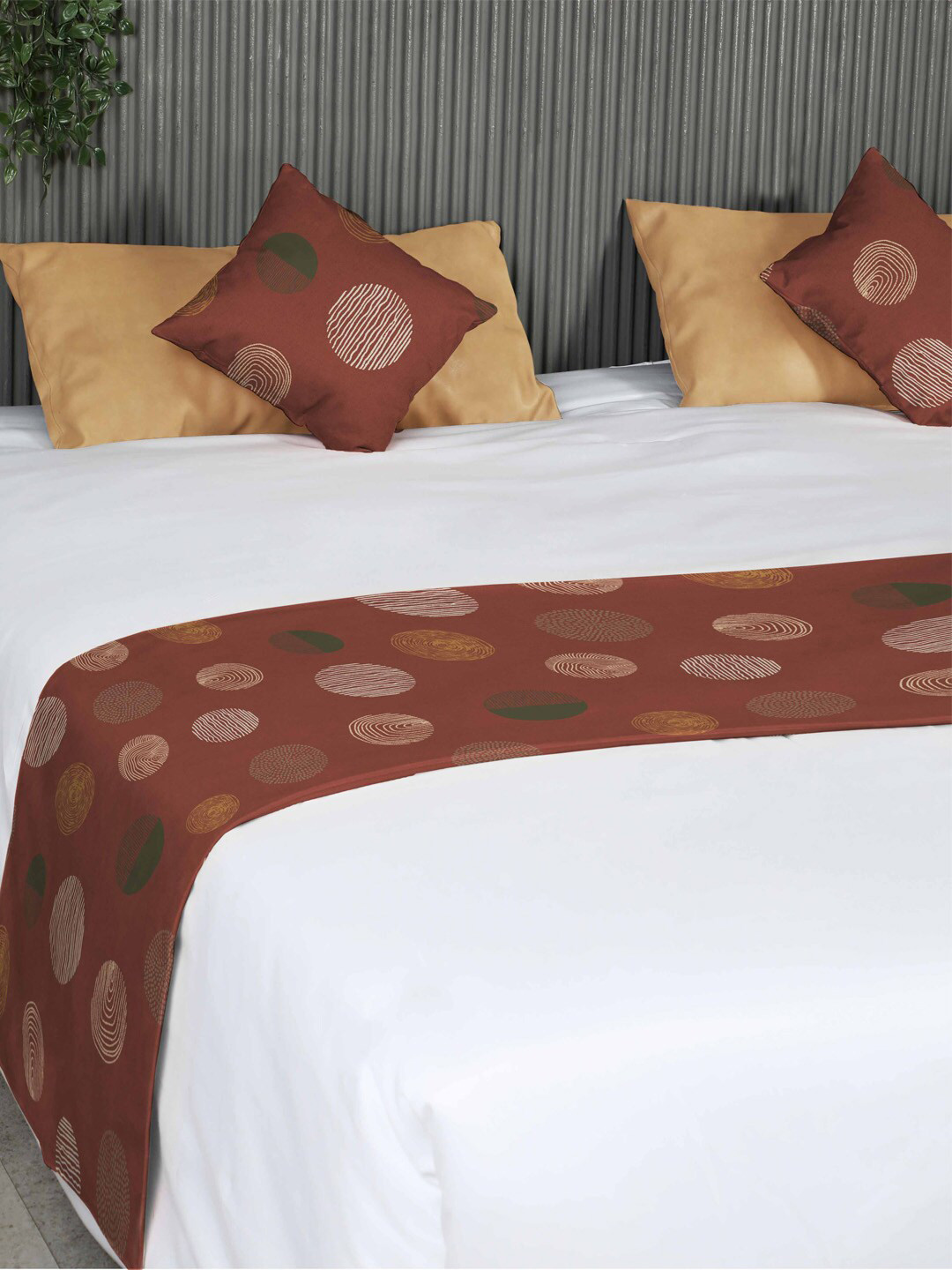 

SPACES Tan Brown & Green Summer Dots Printed Reversible Bed Runner With 2 Cushion Covers