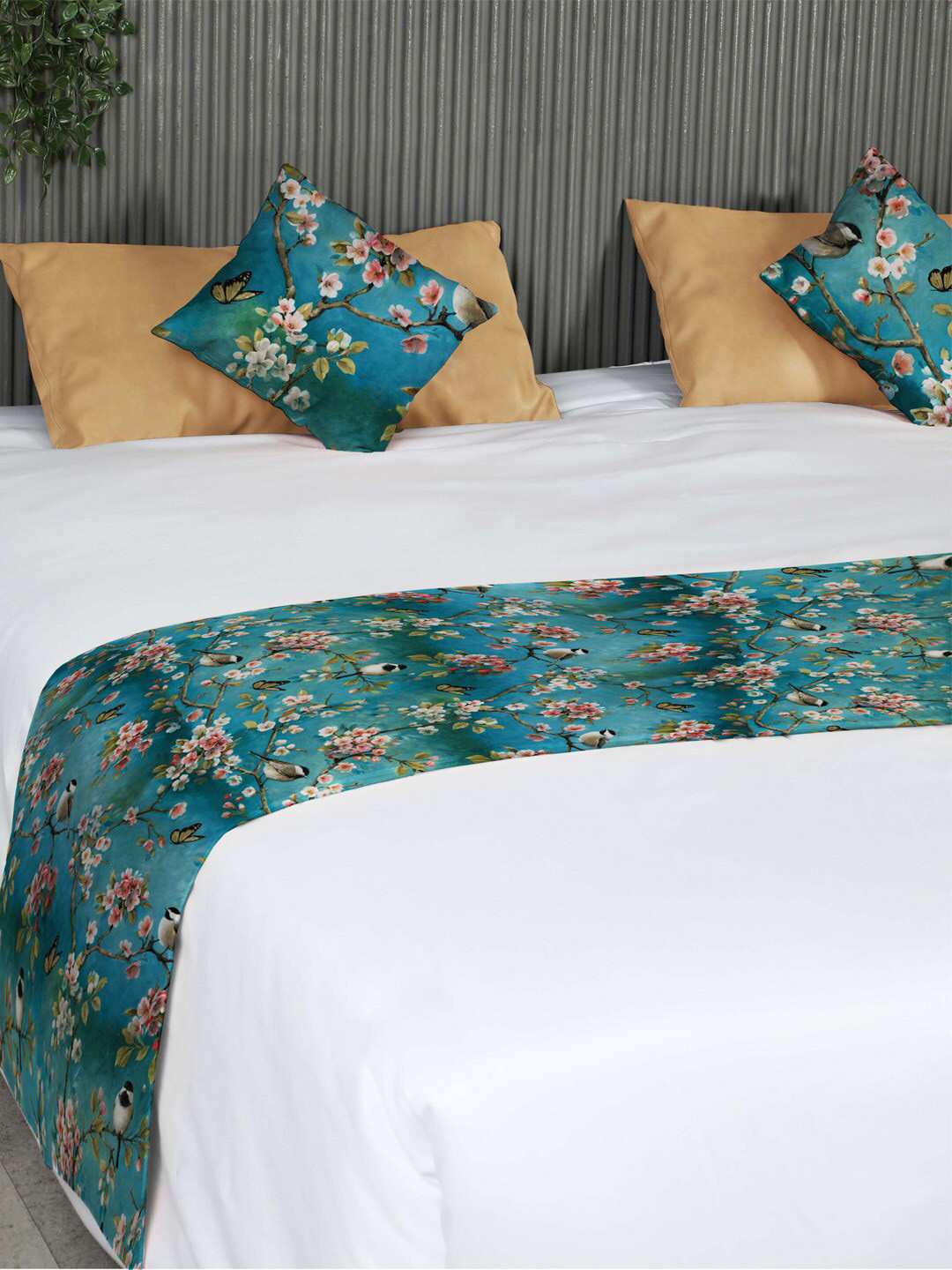 

SPACES Blossoming Birds Teal Blue Printed Velvet Bed Runner & 2 Cushion Covers