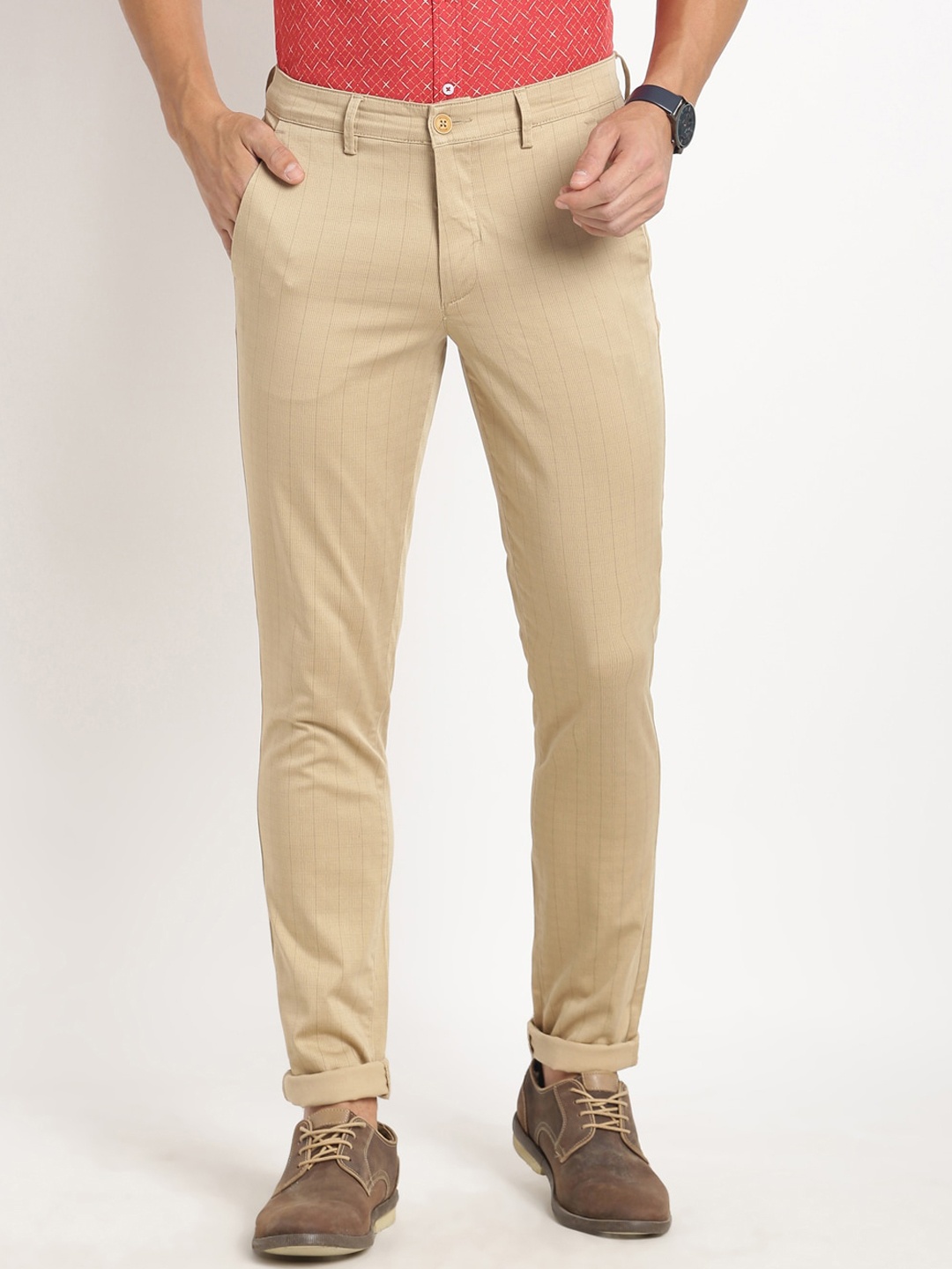 

Turtle Men Checked Relaxed Tapered Fit Stretchable Trousers, Beige