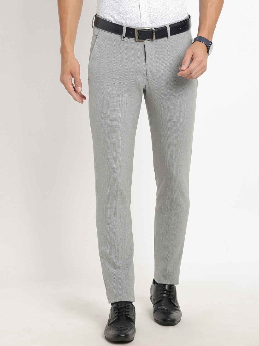 

Turtle Men Self Design Tailored Skinny Fit Stretchable Formal Trousers, Grey