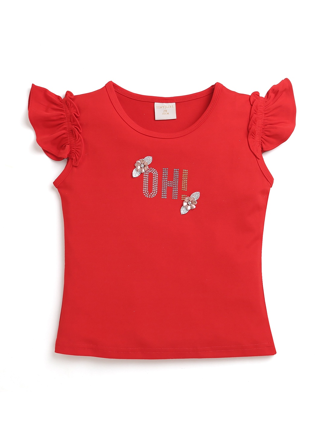 

Tiny Girl Typography Embellished Cap Sleeves Top, Red