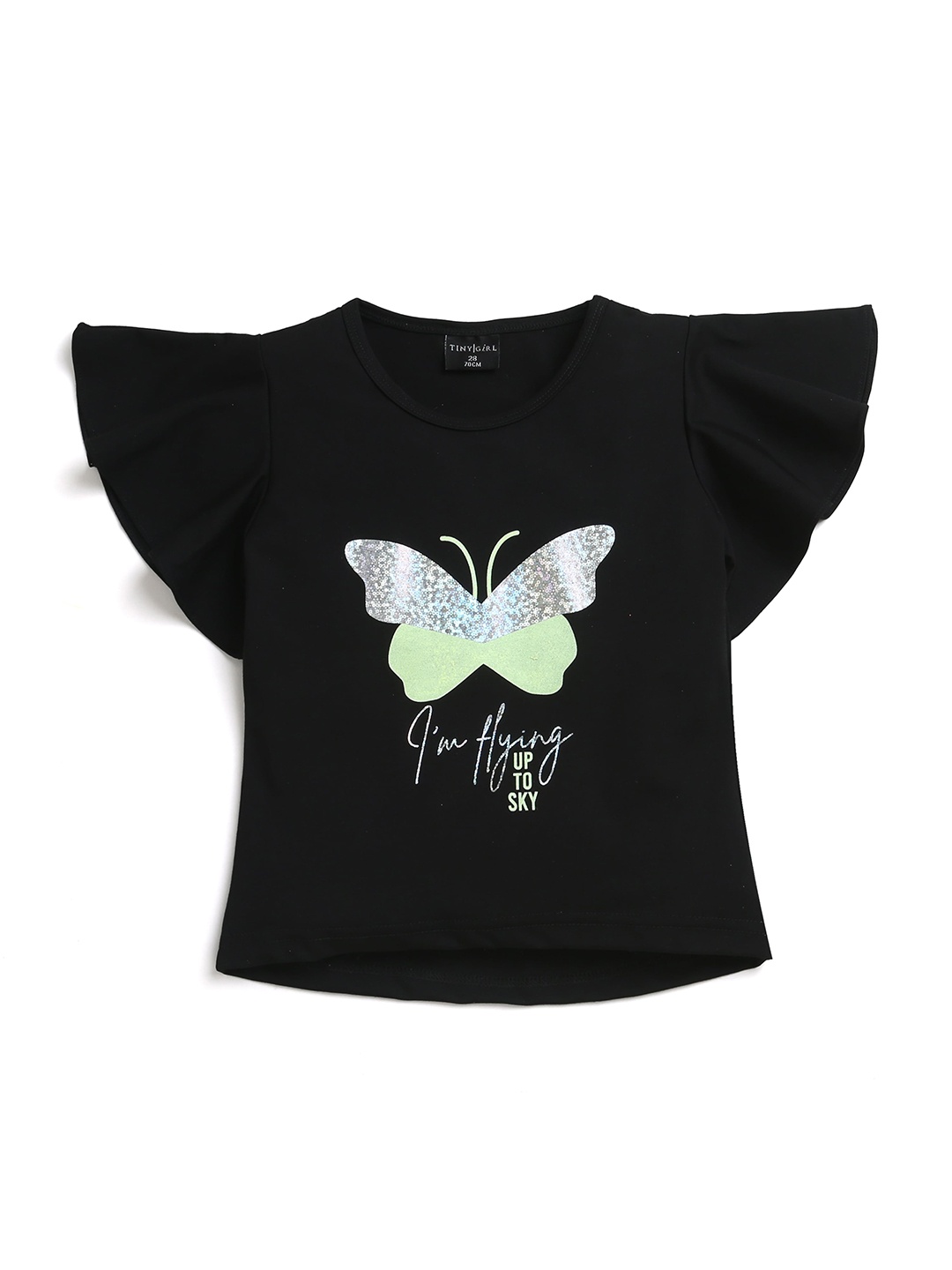 

Tiny Girl Graphic Printed Sequinned Flutter Sleeve Top, Black