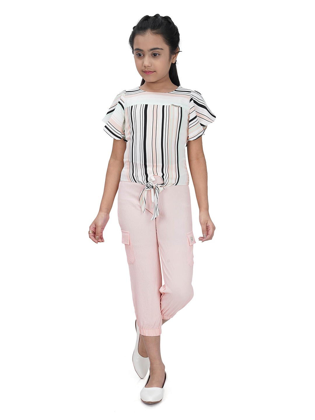 

Tiny Girl Striped Flutter Sleeves Top, Peach