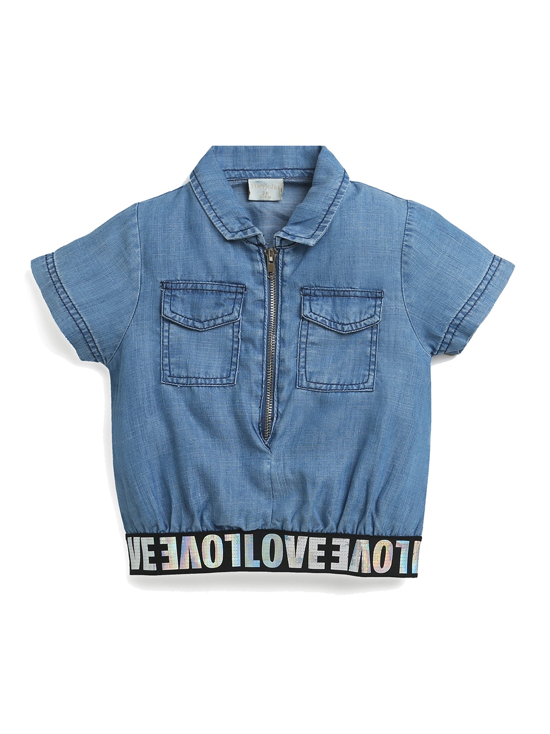 

Tiny Girl Shirt Collar Cotton Blouson Top, Blue